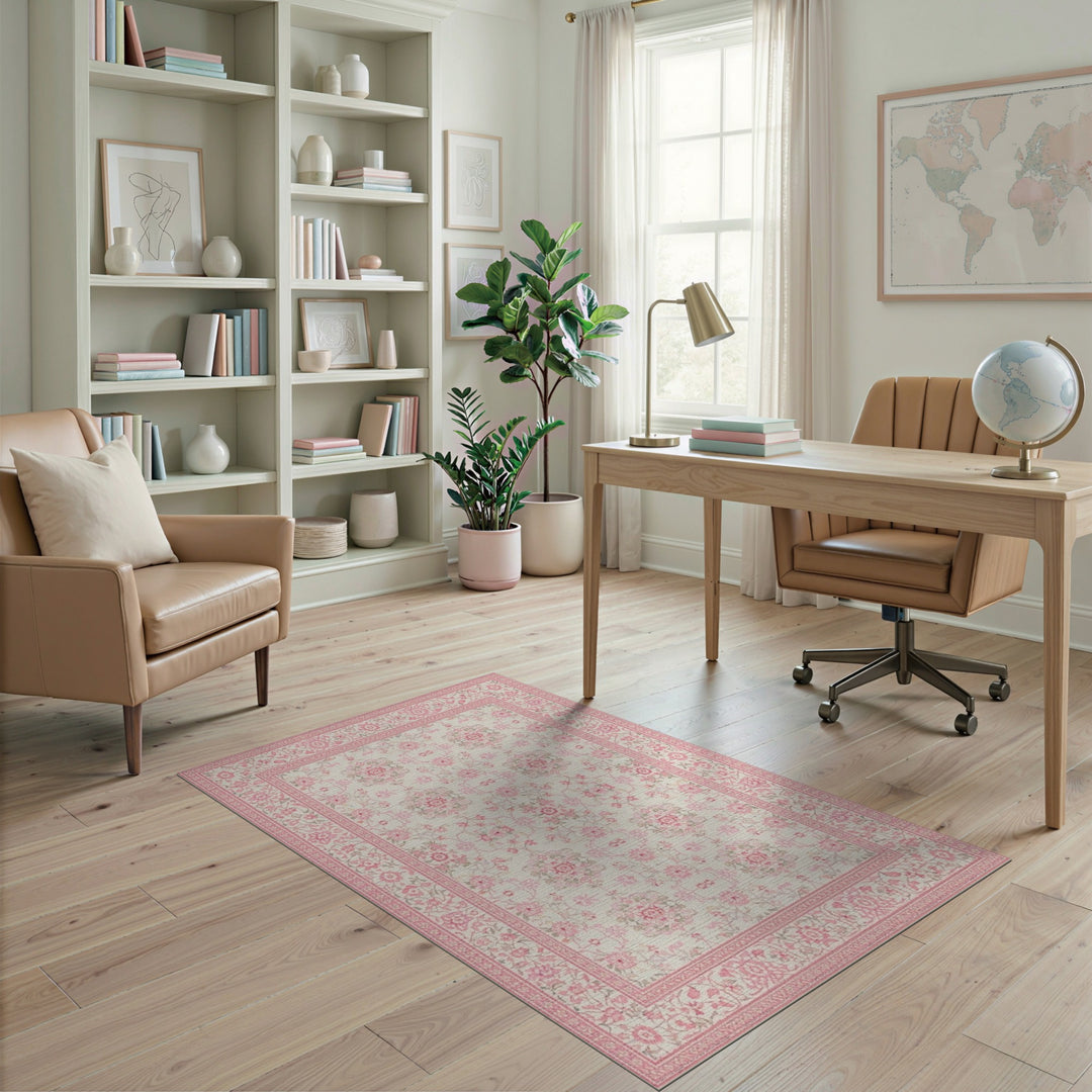 Pink Floral Vintage Washable Area Rug