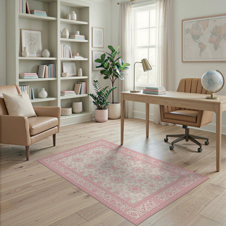 Pink Floral Vintage Washable Area Rug