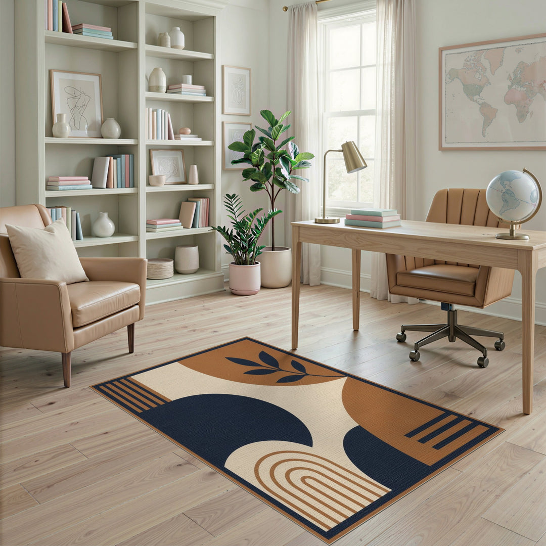 Navy and Brown Geometric Area Rug with Leaf Accent