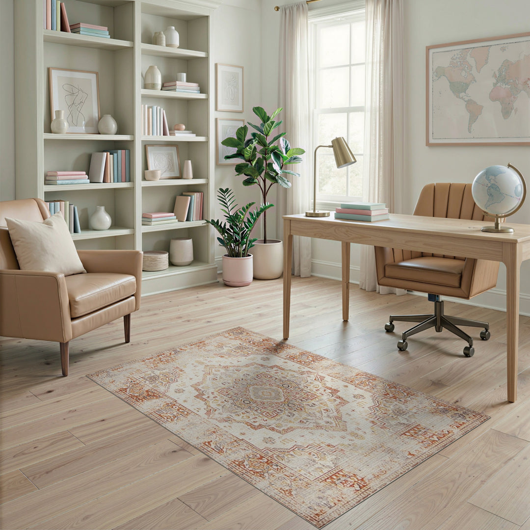 Beige and Neutral Distressed Vintage Beige Medallion Area Rug