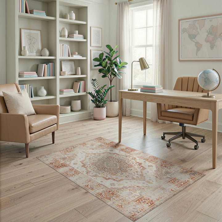 Beige and Neutral Distressed Vintage Beige Medallion Area Rug