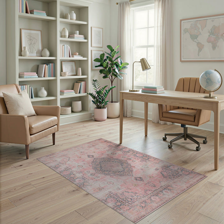 Pink Distressed Vintage Medallion Area Rug