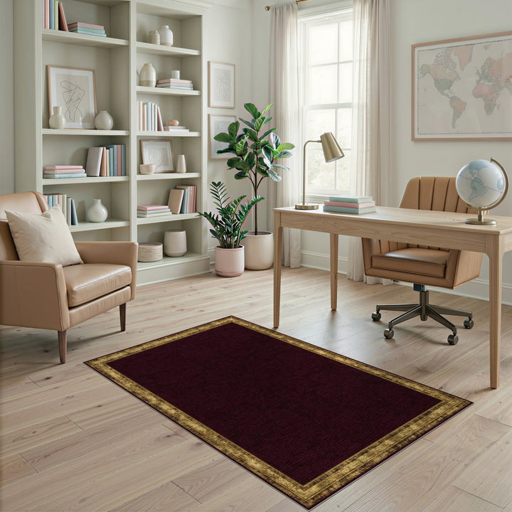 Red Damask Area Rug with Distressed Gold Border