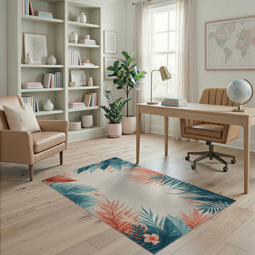 Blue Teal Coastal Leaf Area Rug
