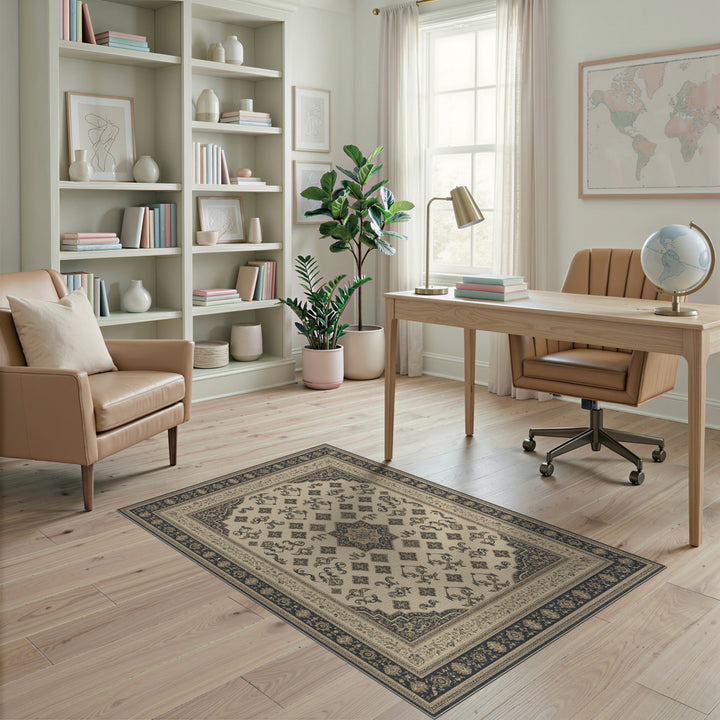 Traditional Persian Beige and Neutral Beige Persian Medallion Area Rug