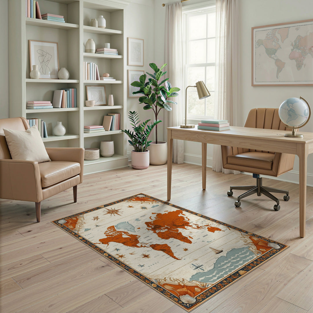 Vintage Orange World Map Area Rug