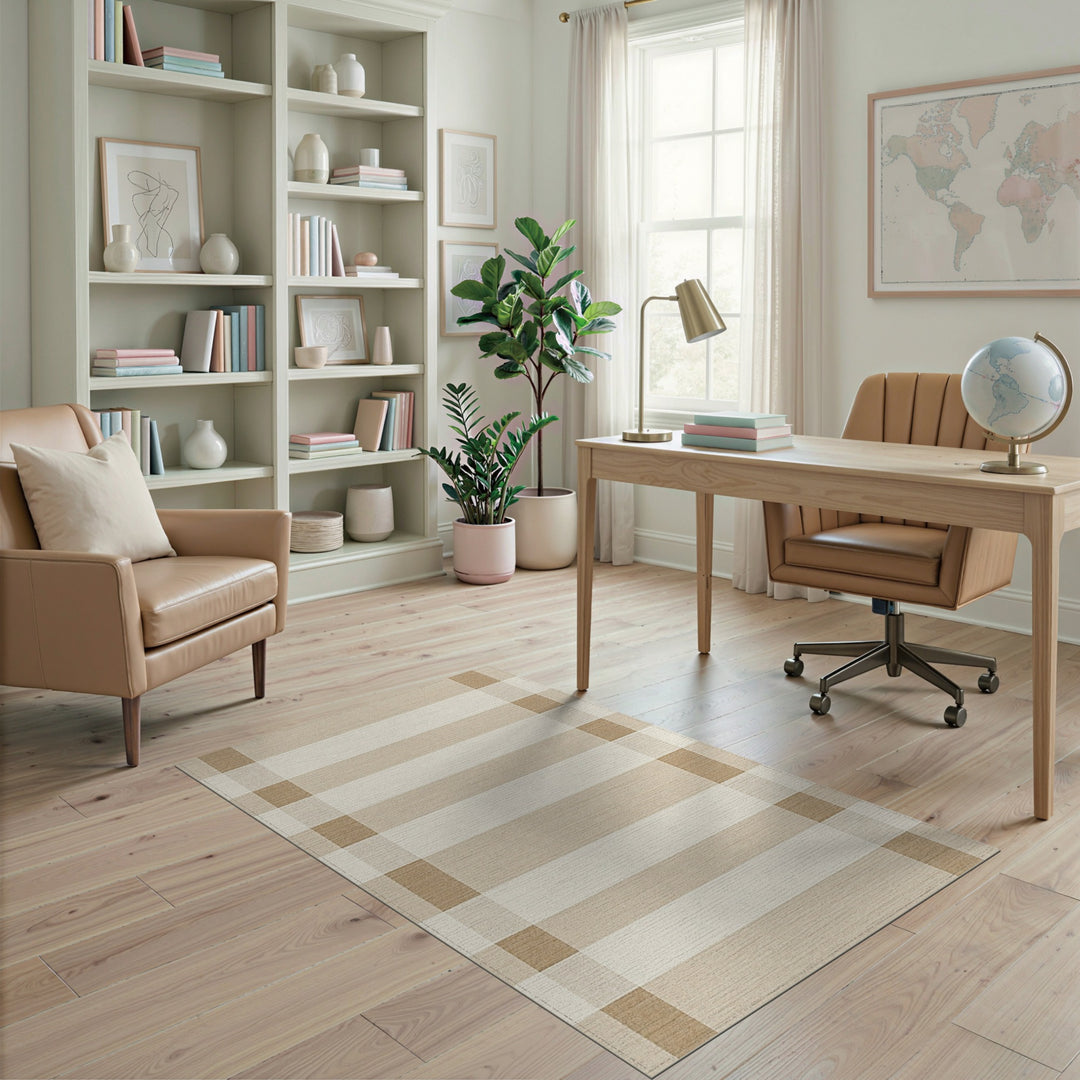 Beige and Neutral Beige Checkered Washable Area Rug