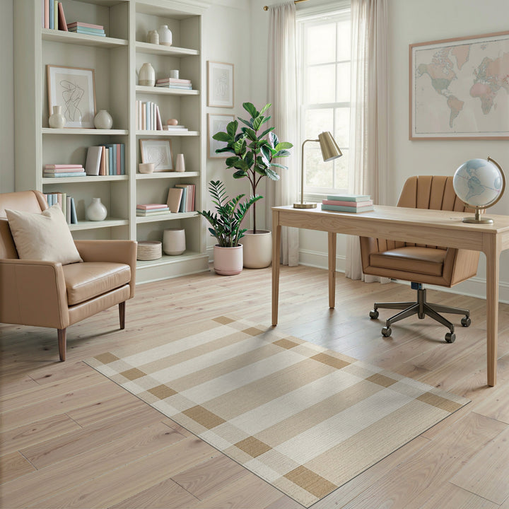 Beige and Neutral Beige Checkered Washable Area Rug