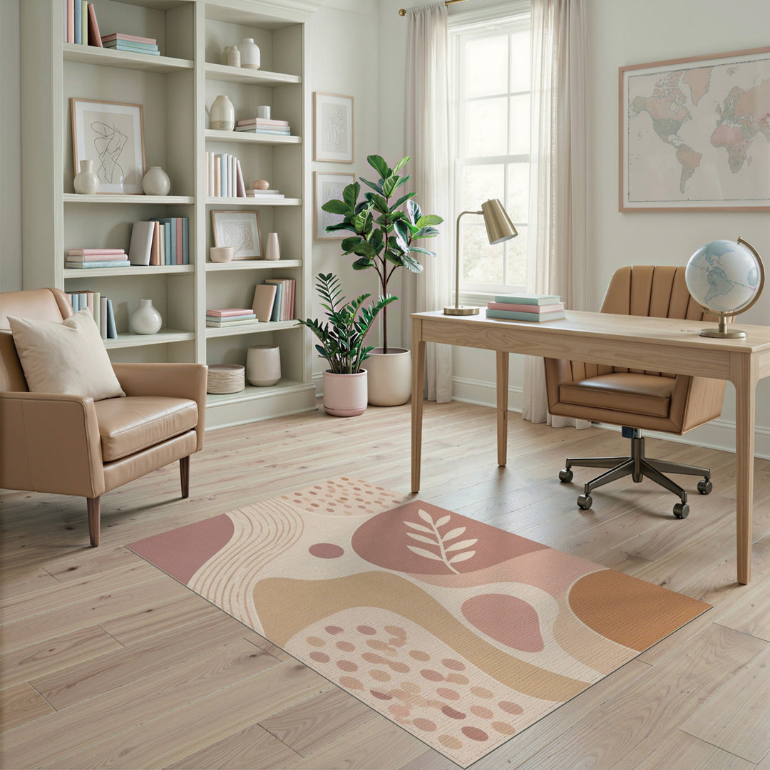 Abstract Neutral Beige Area Rug with Leaf Motif