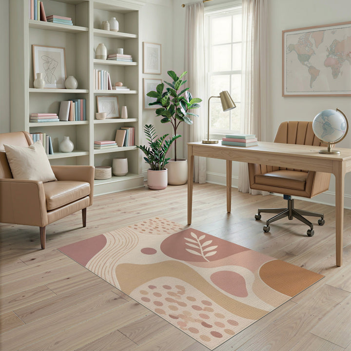 Abstract Neutral Beige Area Rug with Leaf Motif