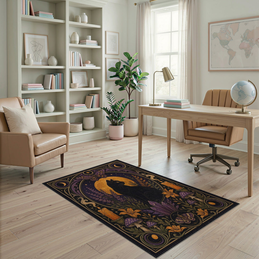 Mystic Black Cat Moon Purple Area Rug