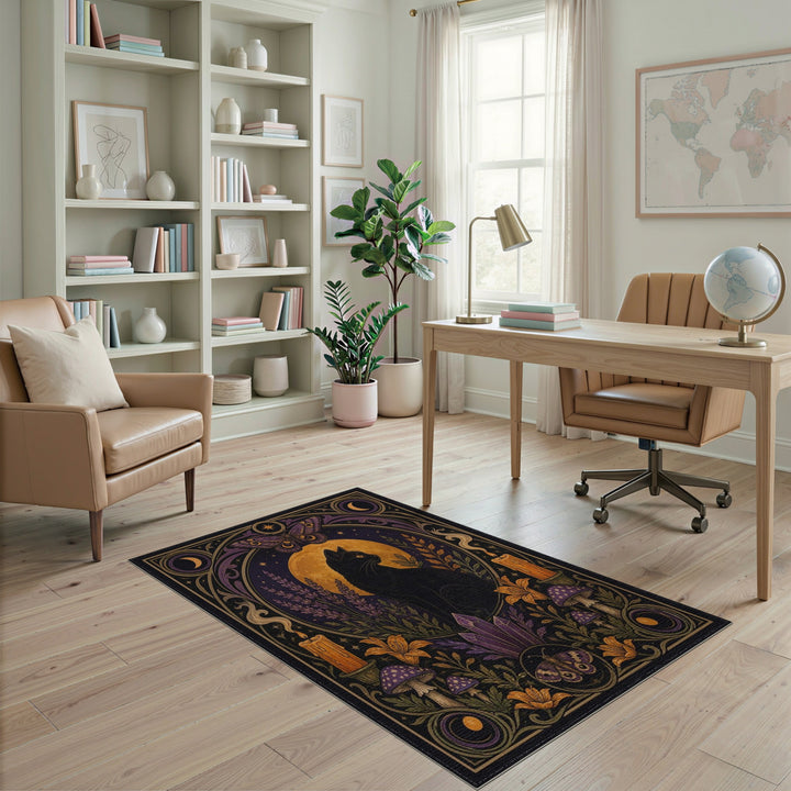 Mystic Black Cat Moon Purple Area Rug