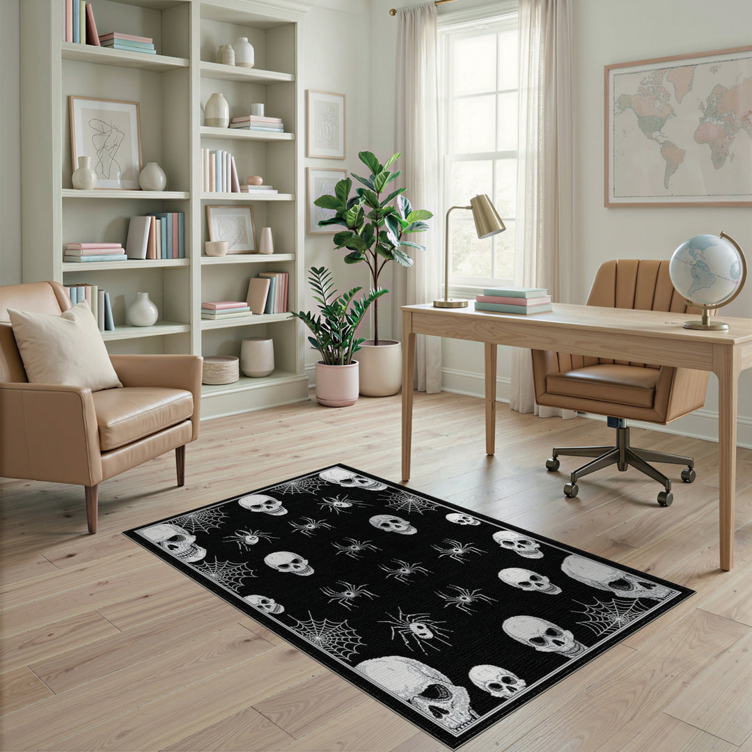 Black White Skull Spider Area Rug