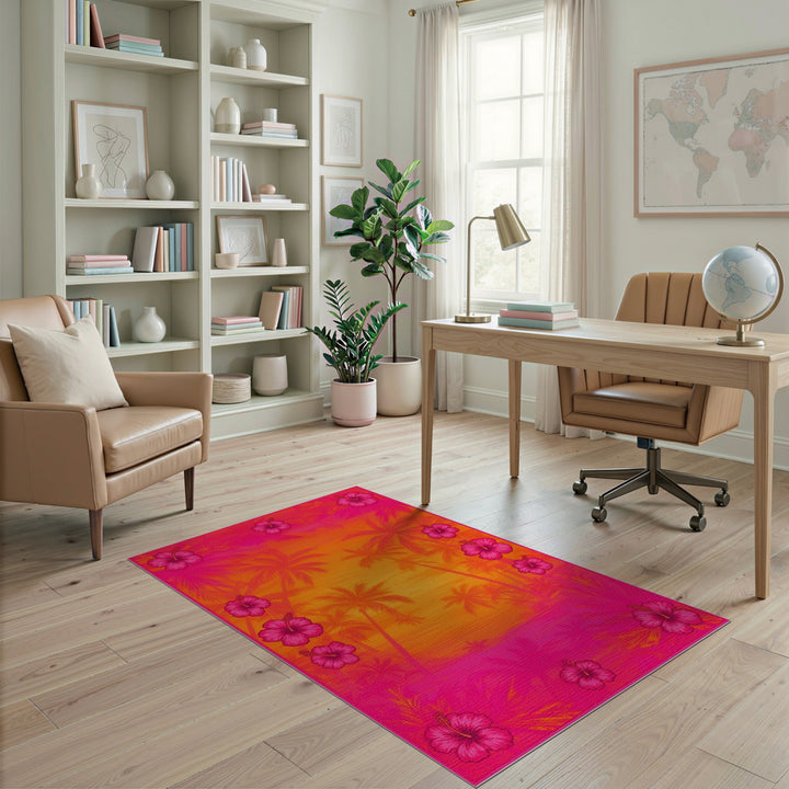 Pink Hibiscus Sunset Palm Area Rug