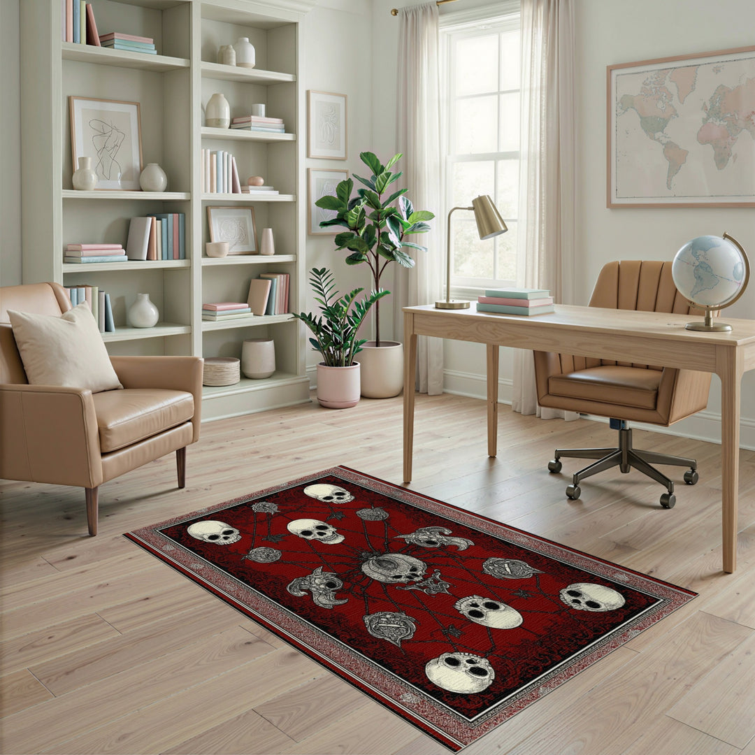 Distressed Vintage Red Gothic Skull Area Rug