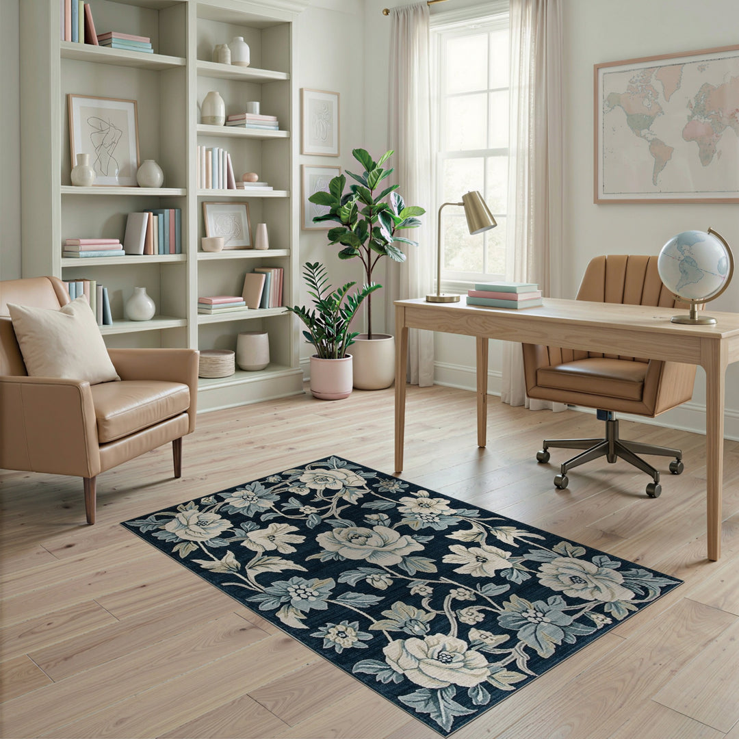 Navy Blue Floral Vintage Area Rug