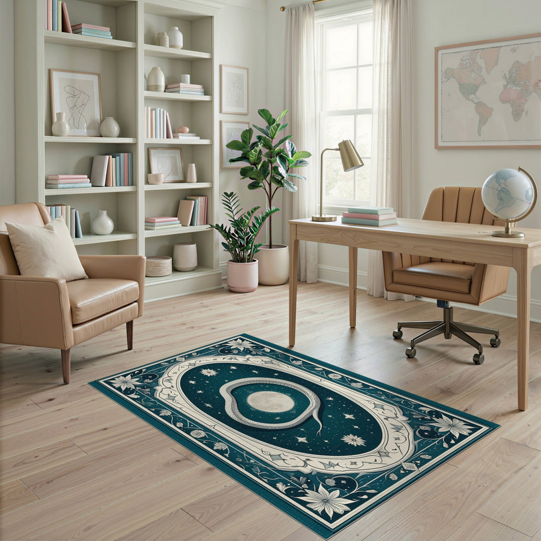 Boho Serpent Moon Teal Area Rug