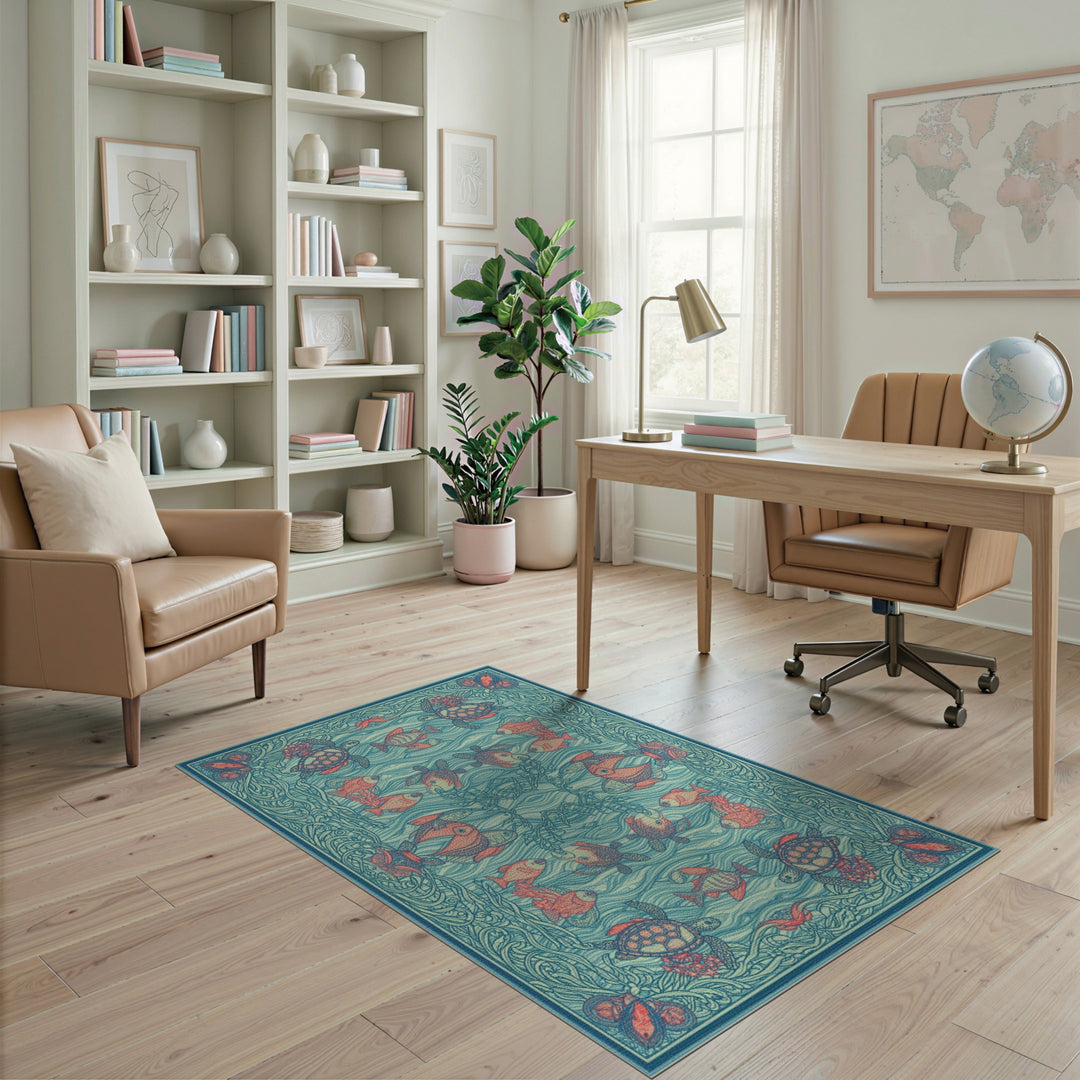 Coastal Blue Sea Turtle Area Rug