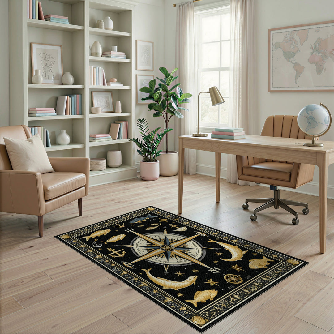 Nautical Gold Compass Area Rug