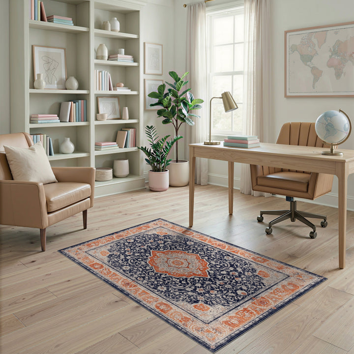 Traditional Persian Navy Orange Medallion Persian Area Rug