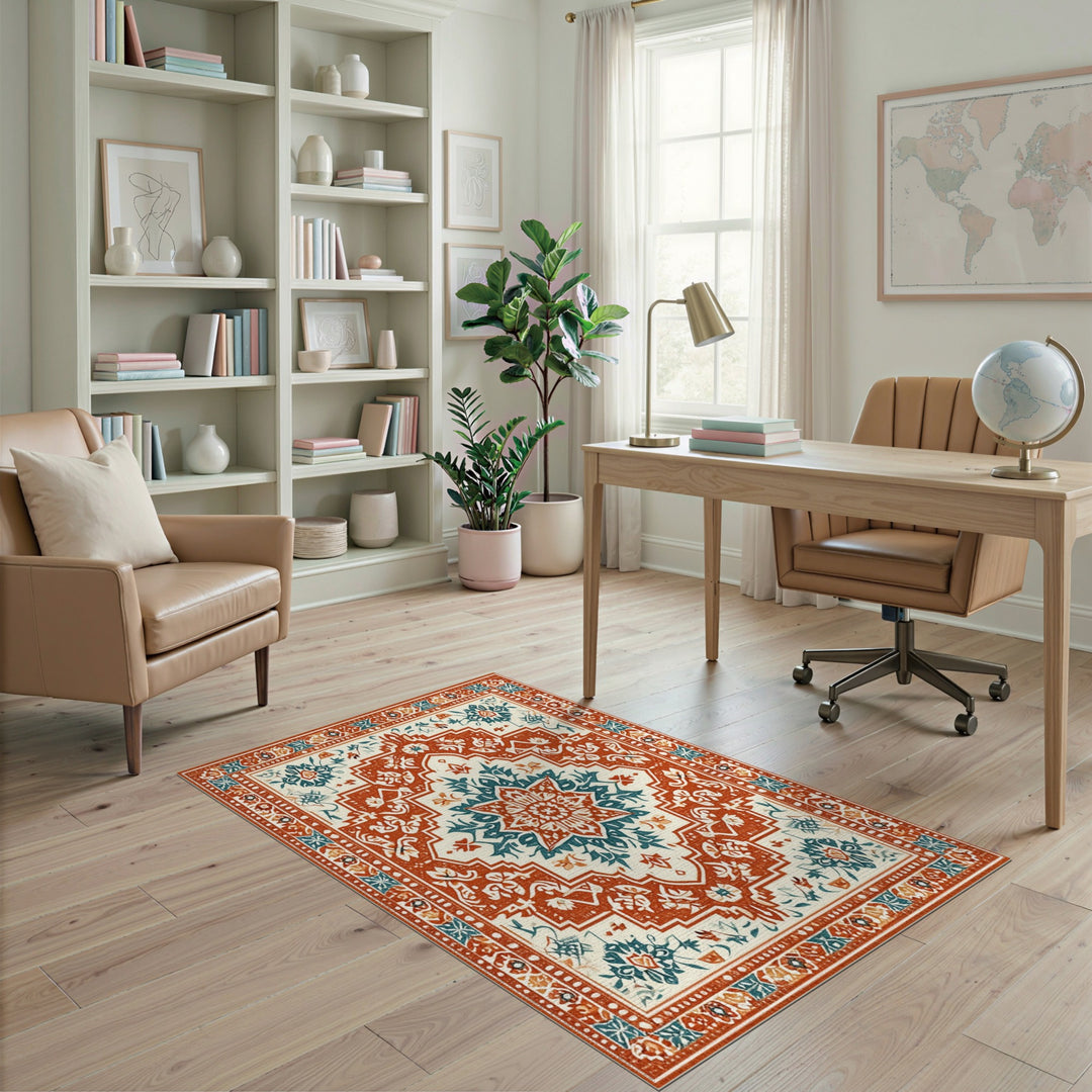 Traditional Persian Medallion Area Rug in Teal and Orange