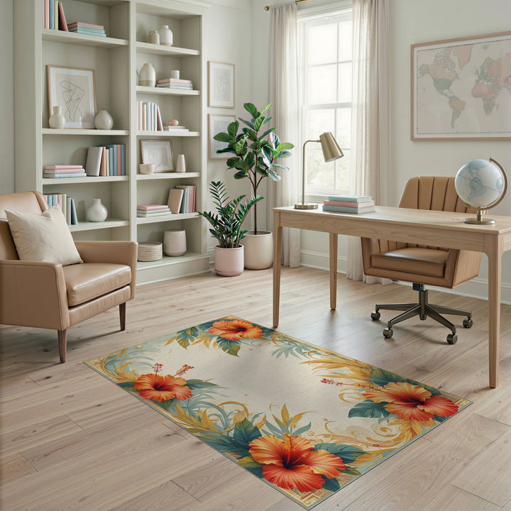 Orange Hibiscus Floral Vintage Area Rug