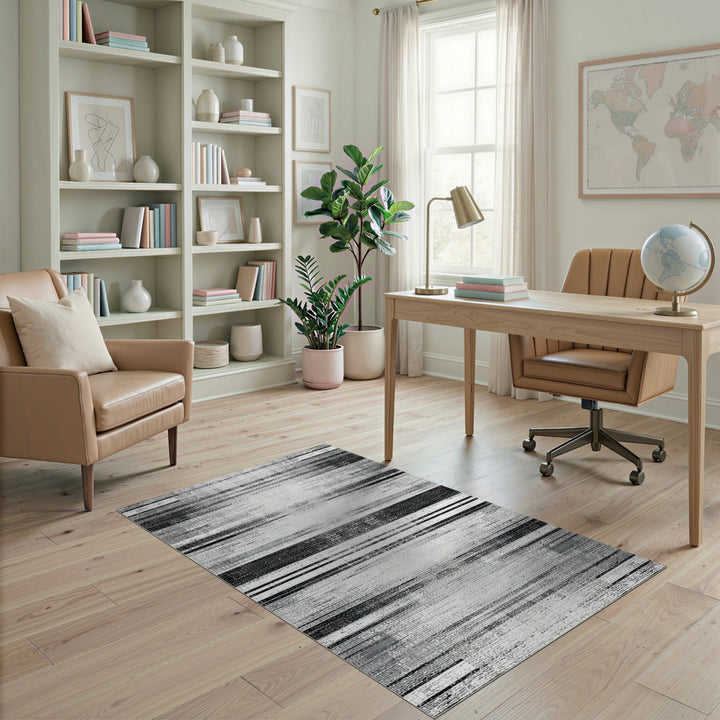 Black and White Distressed Striped Area Rug