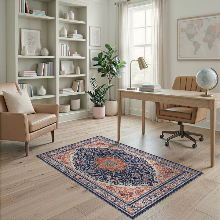Traditional Persian Navy and Orange Area Rug
