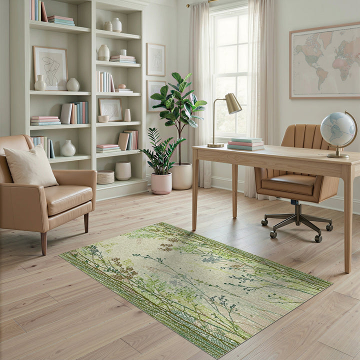 Green Wildflower Meadow Washable Area Rug
