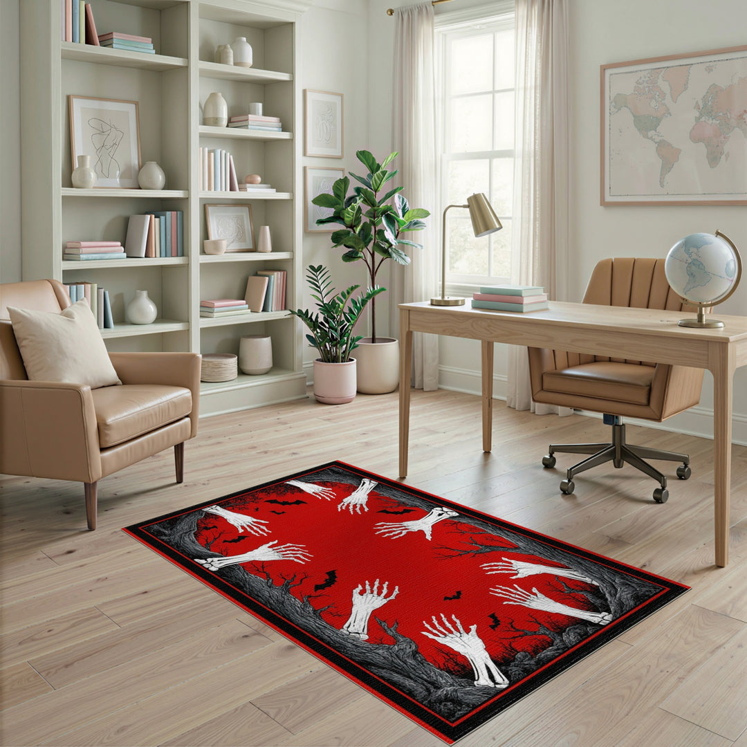 Spooky Skeleton Hands Red Area Rug