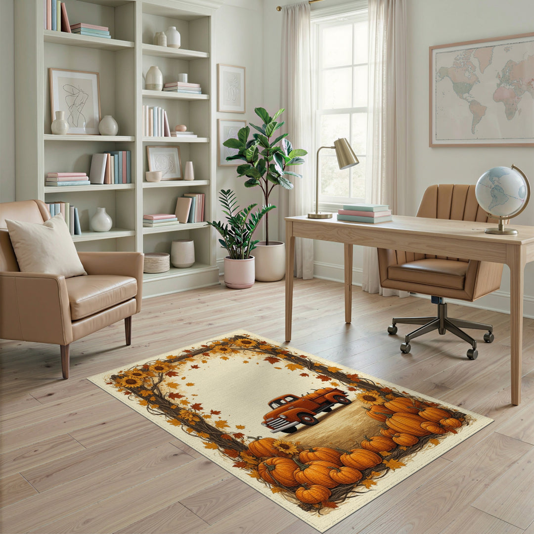 Vintage Orange Truck Pumpkin Fall Area Rug