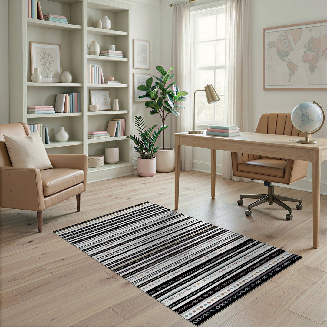 Black White Heritage Tribal Washable Area Rug
