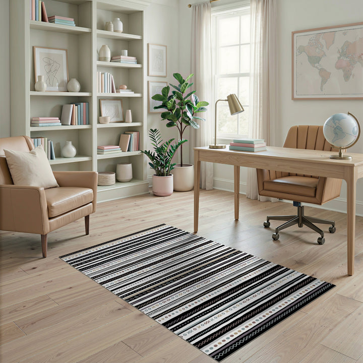 Black White Heritage Tribal Washable Area Rug
