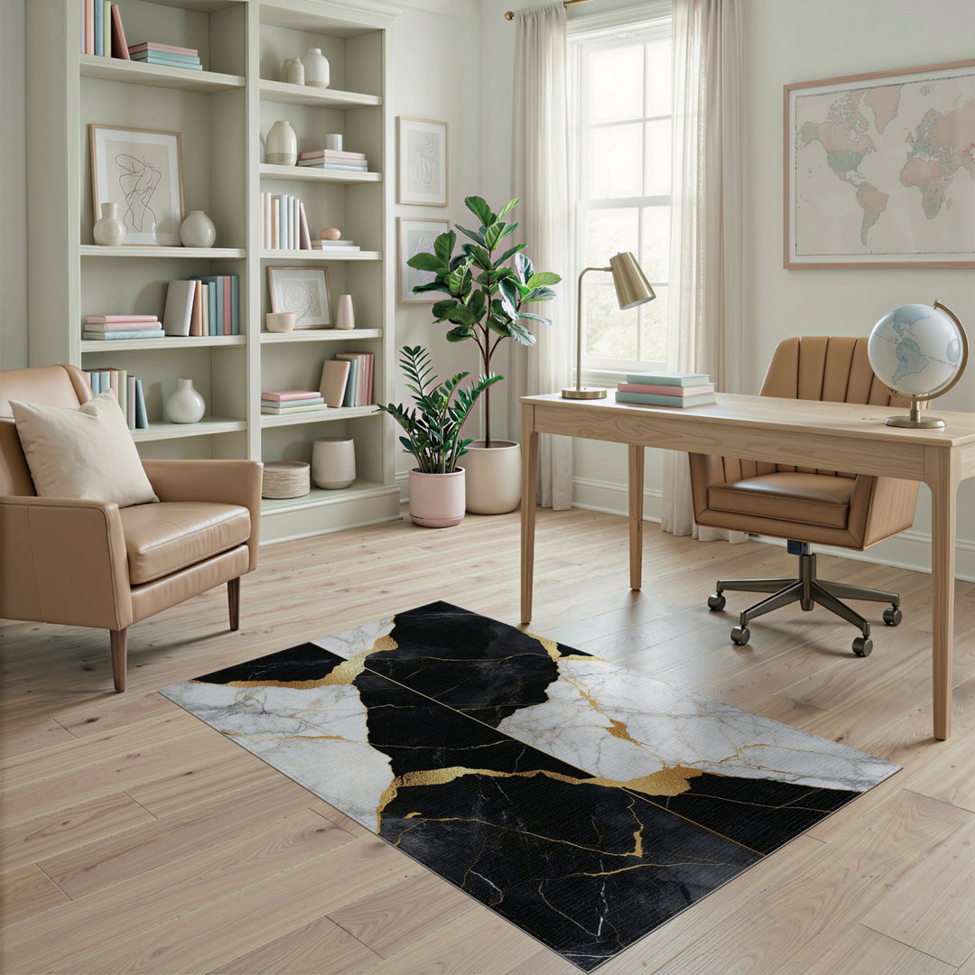 Black and White Black White Marble Gold Area Rug