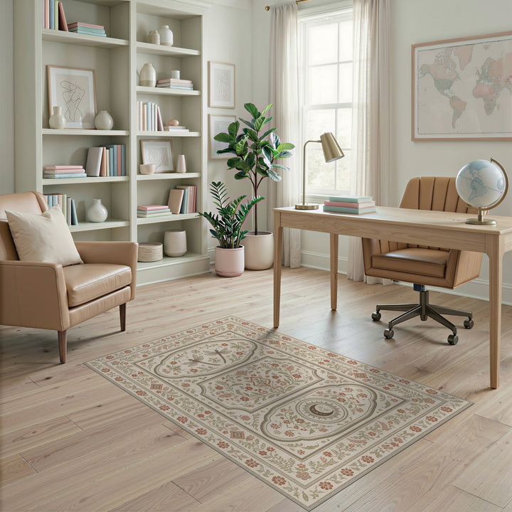 Beige Vintage Floral Dragonfly Area Rug
