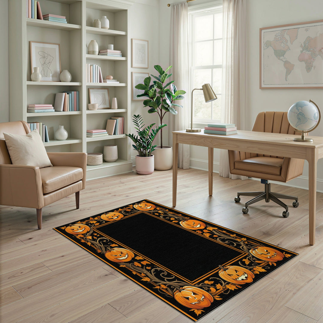 Orange Jack-o'-Lantern Pumpkin Border Area Rug
