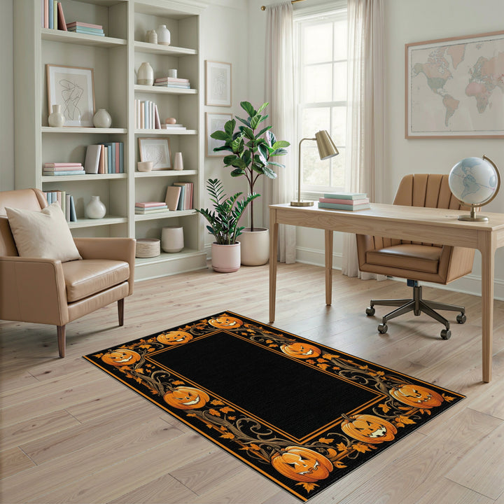 Orange Jack-o'-Lantern Pumpkin Border Area Rug