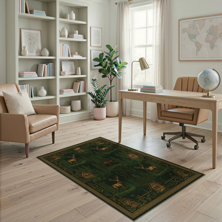 Rustic Forest Elk Bear Cabin Area Rug