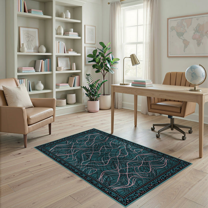 Pink Wave Scribble Teal Area Rug