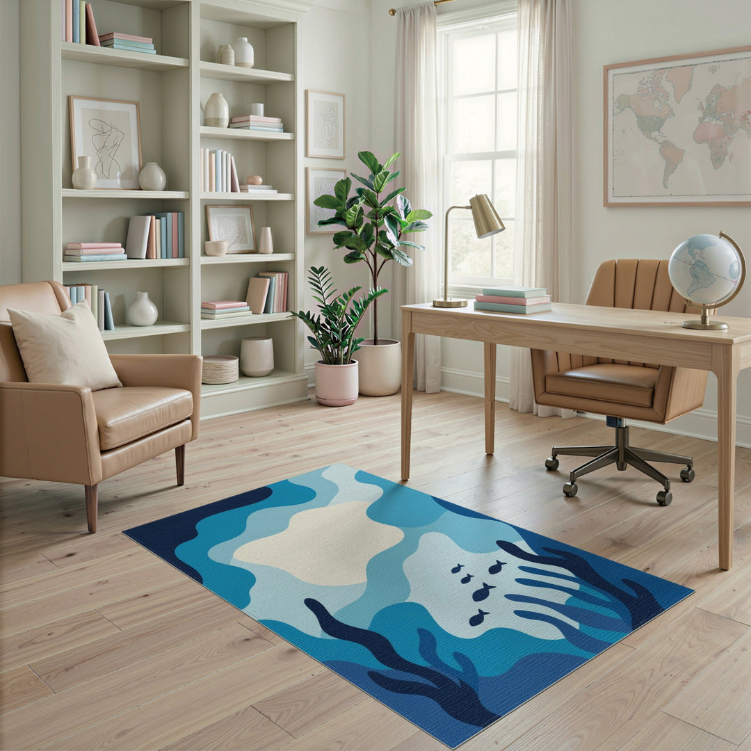 Blue Ocean Waves Fish Area Rug