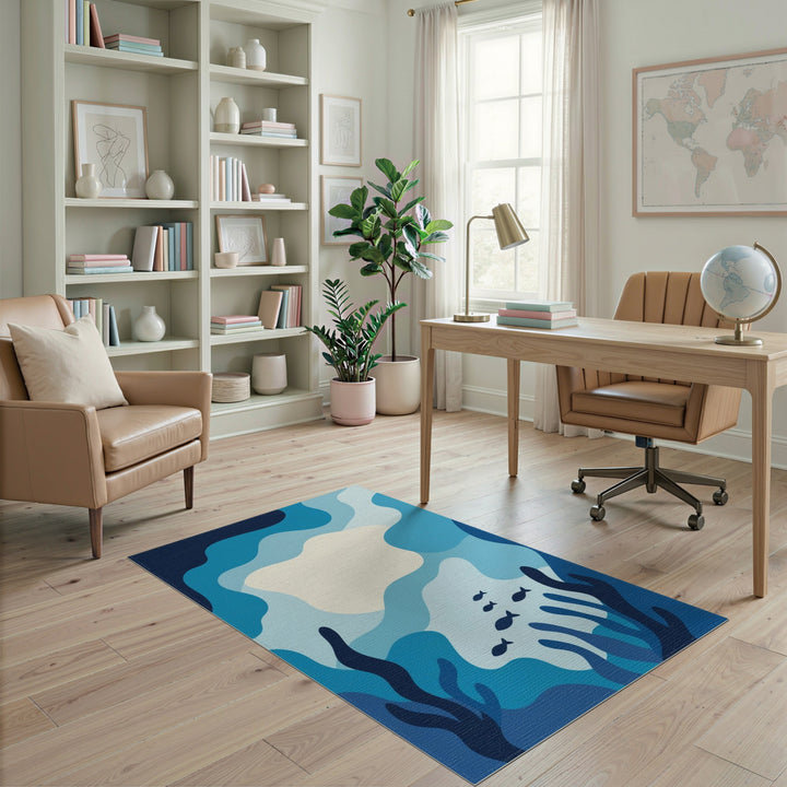 Blue Ocean Waves Fish Area Rug