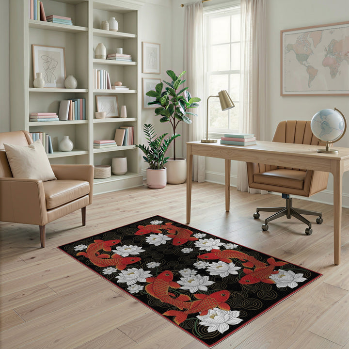 Red Koi Fish and Lotus Area Rug