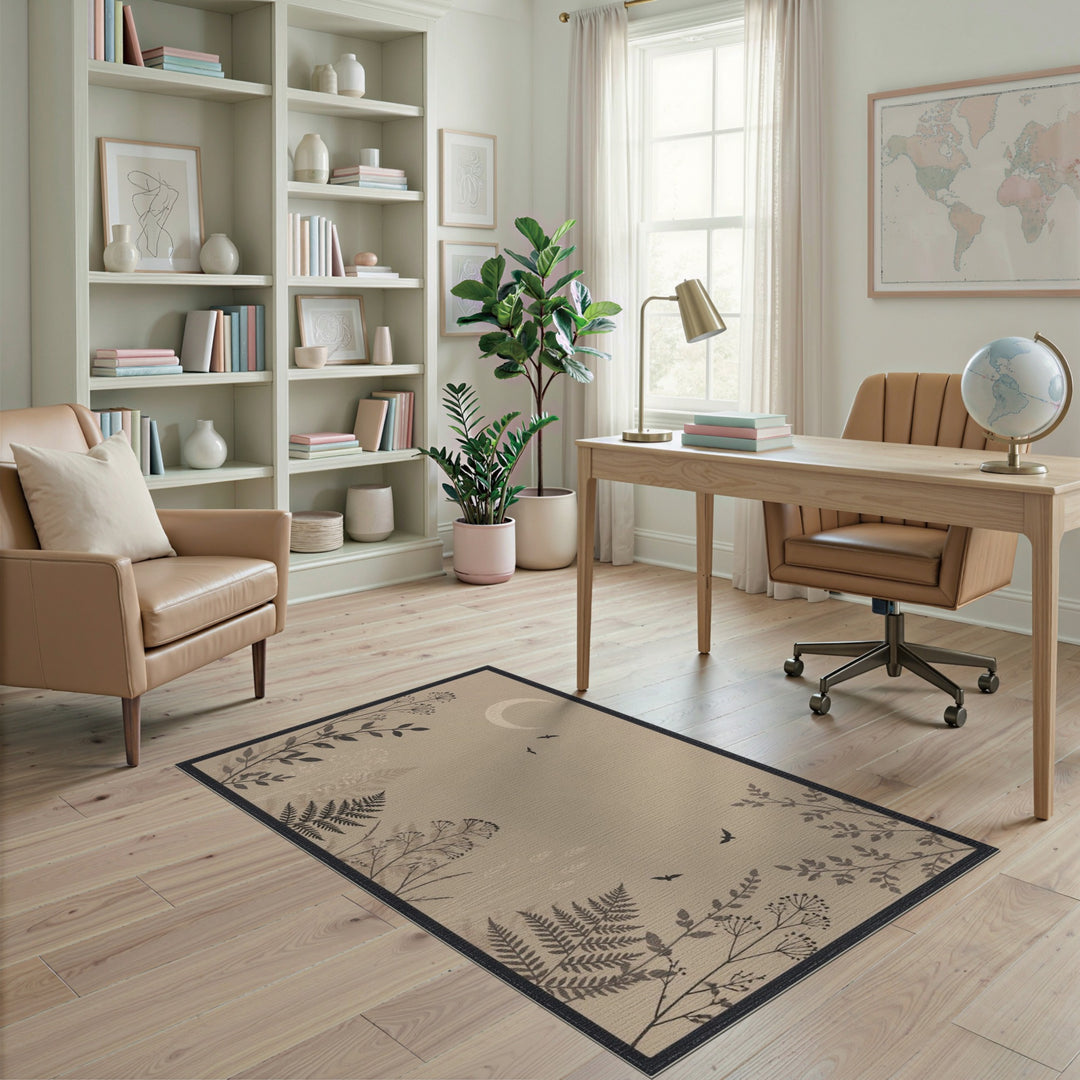 Boho Chic Beige Moon Birds Fern Area Rug