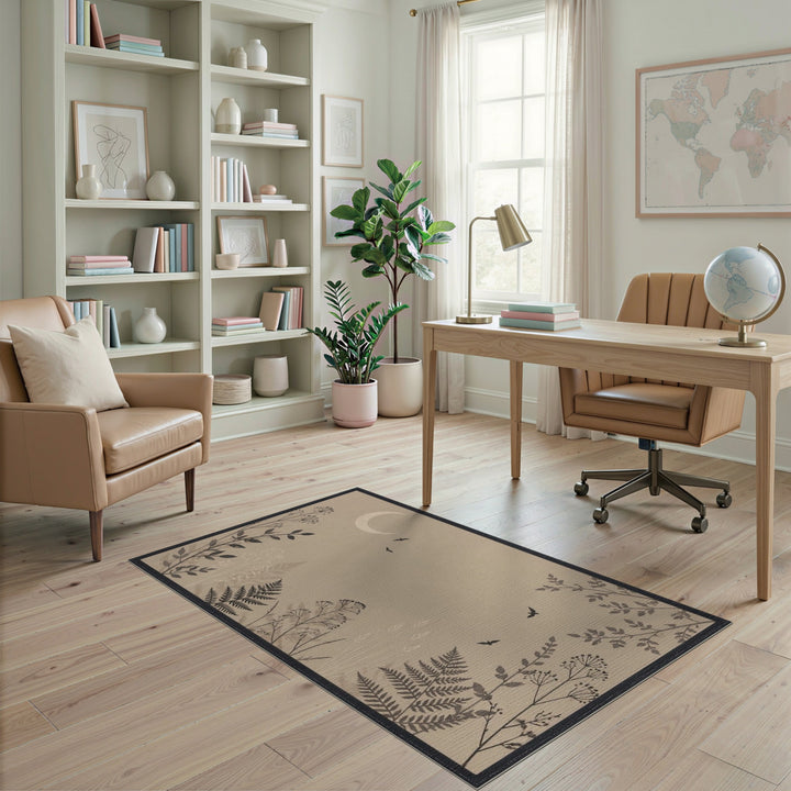 Boho Chic Beige Moon Birds Fern Area Rug
