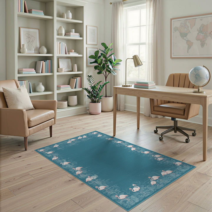 Pink Flamingo Teal Border Washable Area Rug