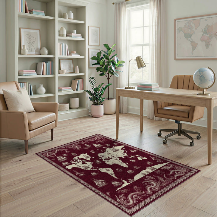 Red Vintage World Map Ships Area Rug