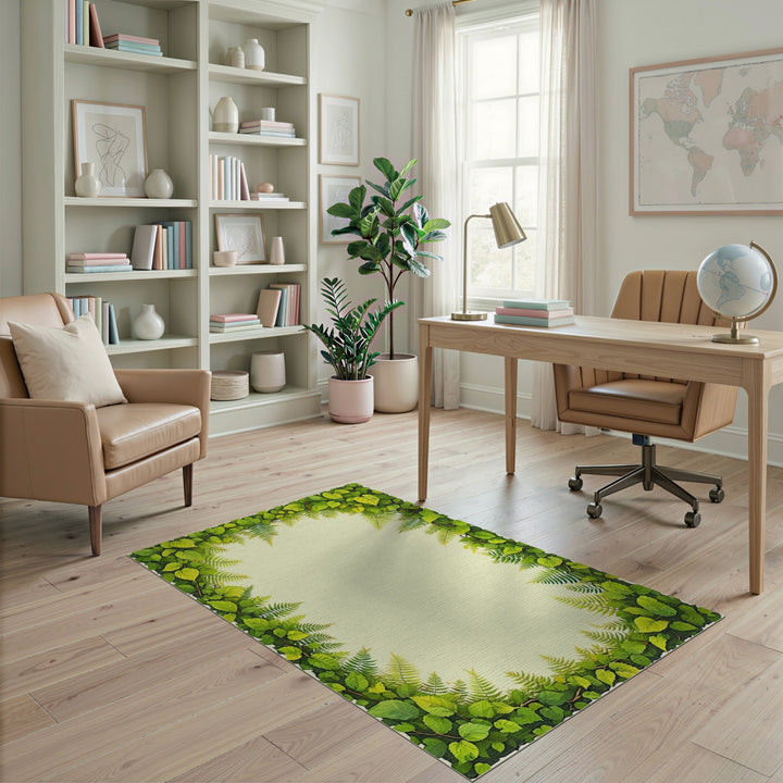 Lush Green Fern Leaf Border Area Rug