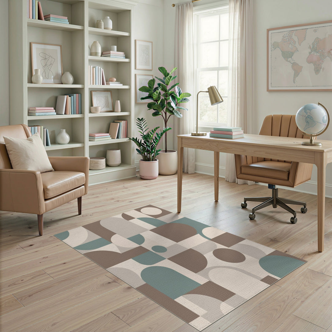 Geometric Beige Area Rug with Teal Accents