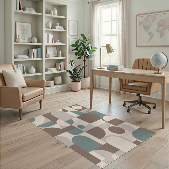Geometric Beige Area Rug with Teal Accents