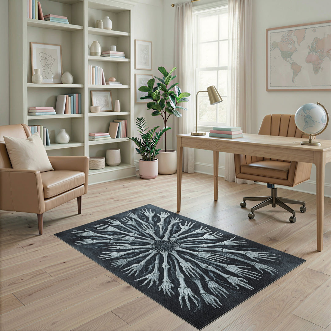 Black White Skeletal Hands Mandala Area Rug